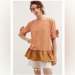 Maeve Orange Striped Top with Ruffle Hem